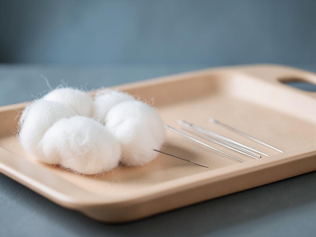 Fine acupuncture needles arranged beside soft cotton