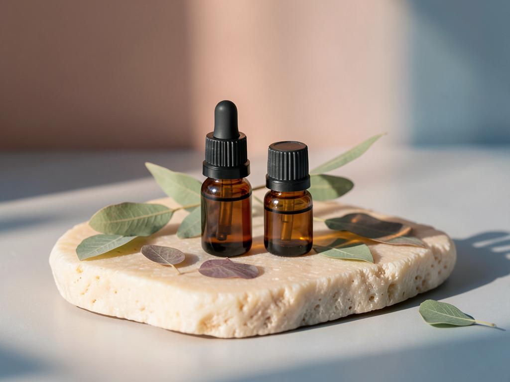 Amber aromatherapy bottles with botanical leaves