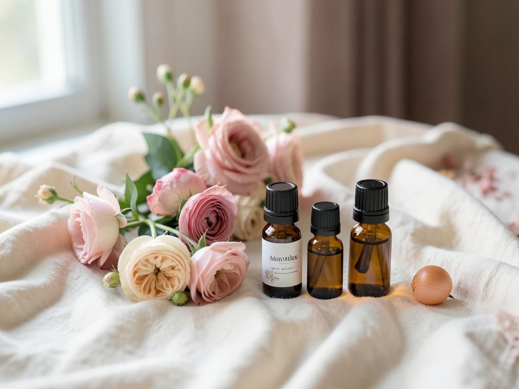 Flower remedy bottles with fresh flowers on linen