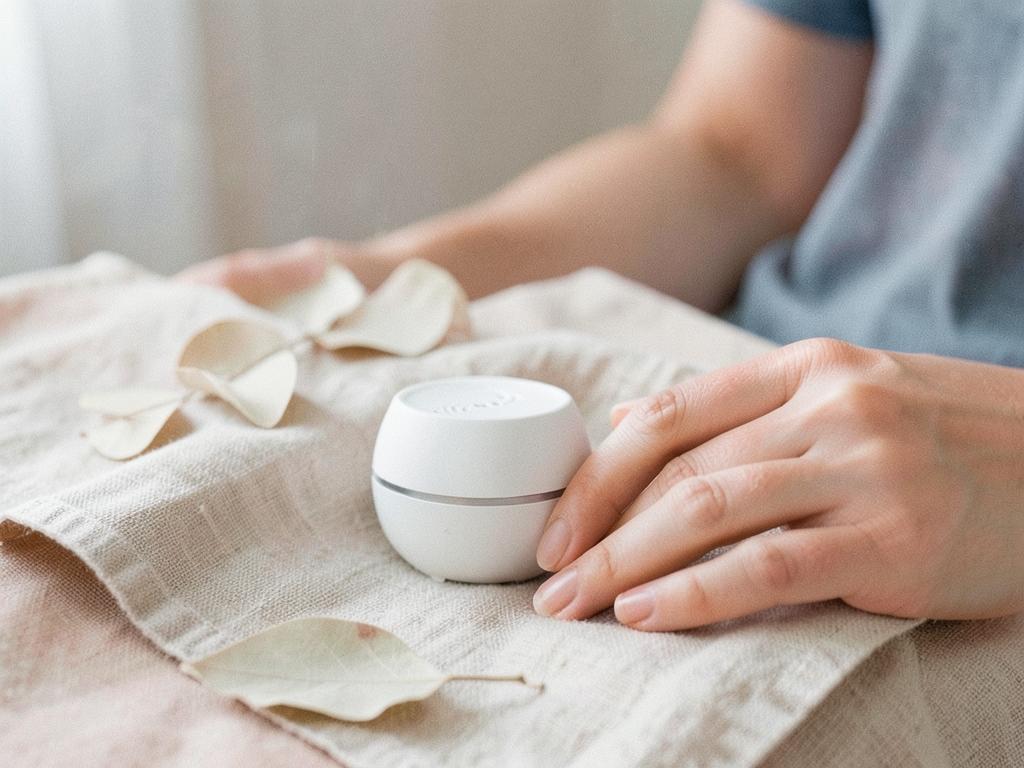 A compact wellbeing device beside a relaxed hand on natural linen